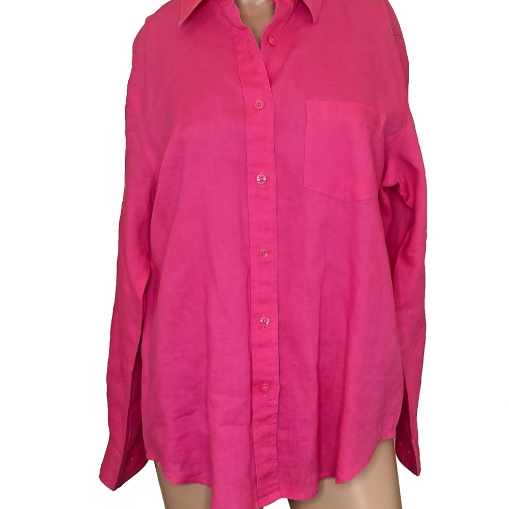 Kim Rogers Fuchsia 100% Linen Shirt Size Medium Womens Pink Spring Easter Dress